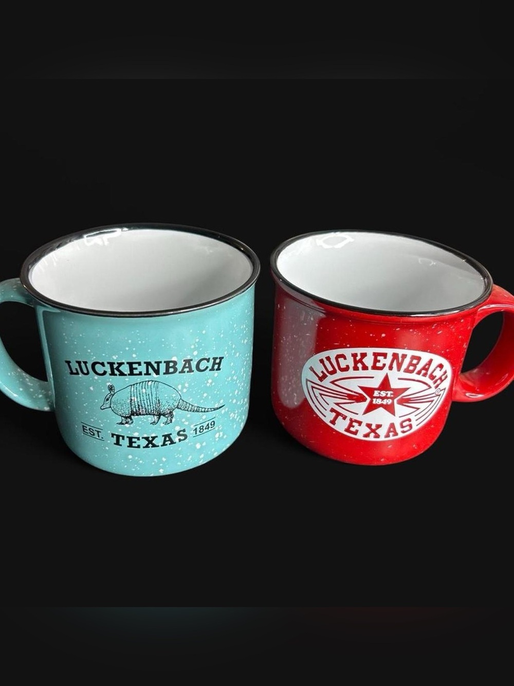 Luckenbach Texas Ceramic Mug - Aqua and Red Speckled Set of 2